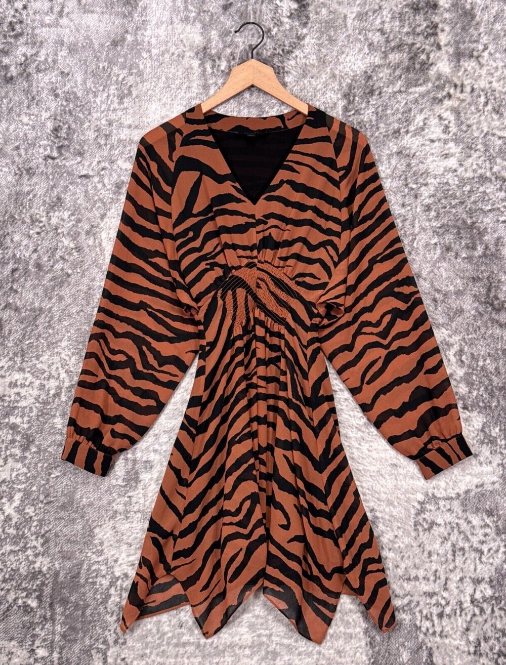 All Saints Dress XS Womens Brown Tiger Stripe Smocked Long Sleeve Mini